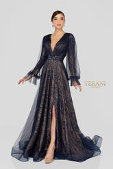 Terani Couture 1913M9414 Long V-Neck Formal Dress