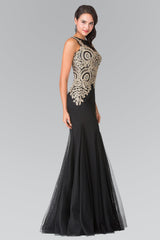 Embroidered Boidce Long Prom Dress with Sheer Back