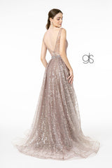 Embroidered Illusion Mesh Long Prom Dress