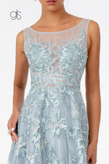 Embroidered Mesh A-Line Long Prom Dress