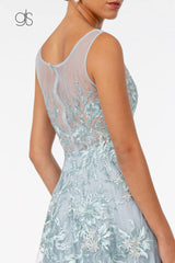 Embroidered Mesh A-Line Long Prom Dress